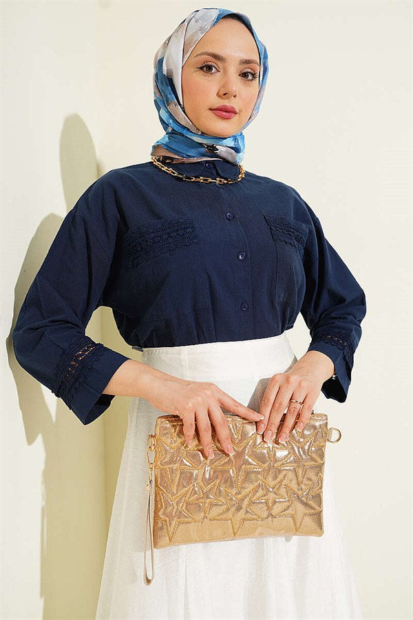 Navy Short Shirt with Lace Trim on Cuffs and Pockets