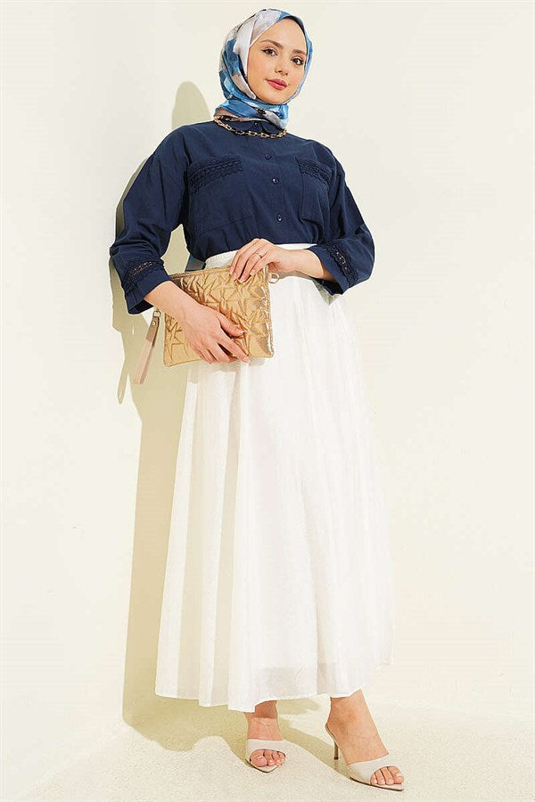 Navy Short Shirt with Lace Trim on Cuffs and Pockets