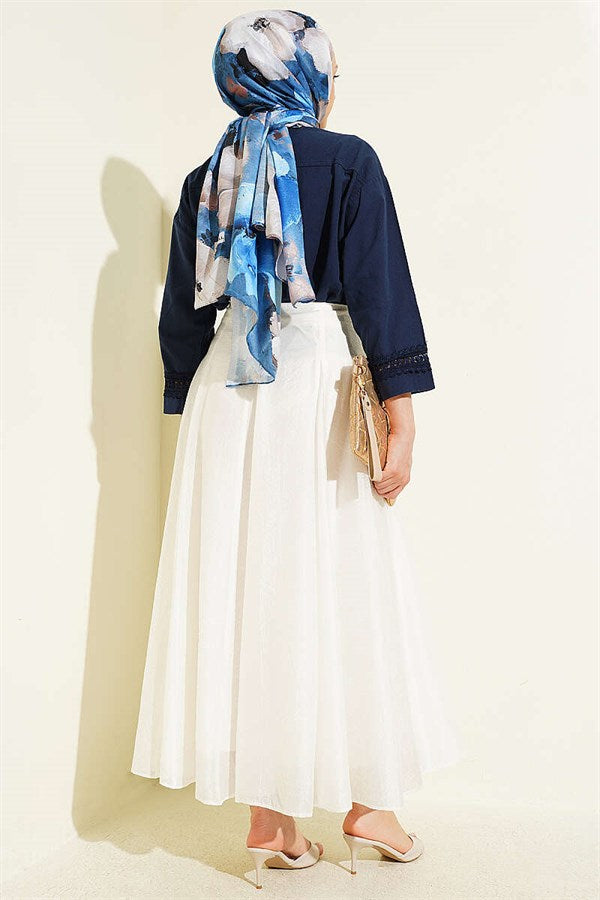 Navy Short Shirt with Lace Trim on Cuffs and Pockets