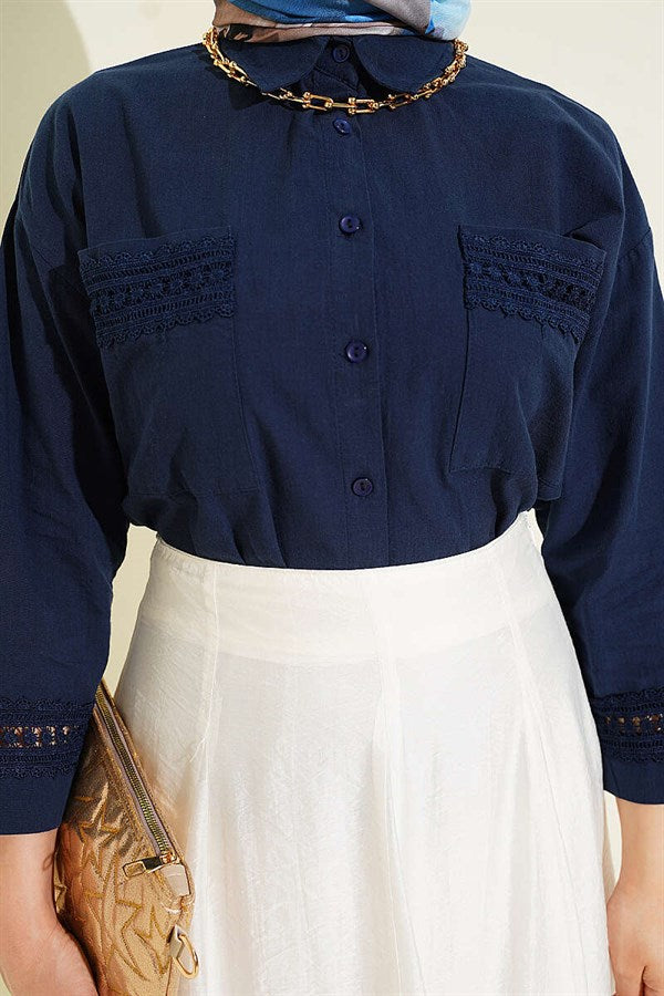 Navy Short Shirt with Lace Trim on Cuffs and Pockets