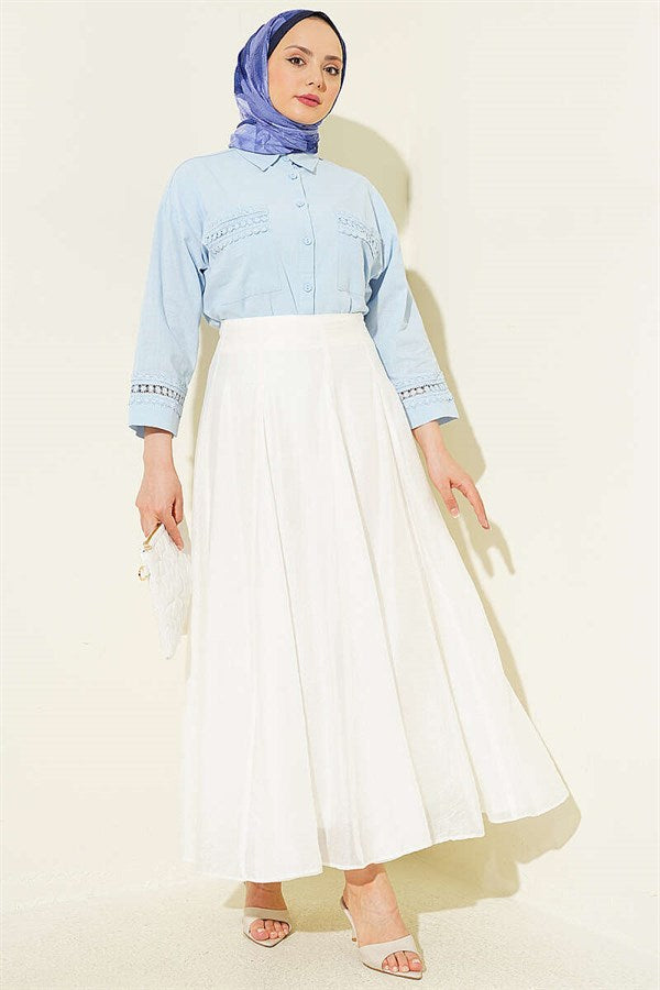 Blue Short Shirt with Lace Trim on Cuffs and Pockets