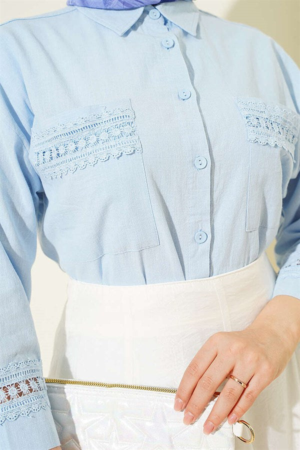 Blue Short Shirt with Lace Trim on Cuffs and Pockets