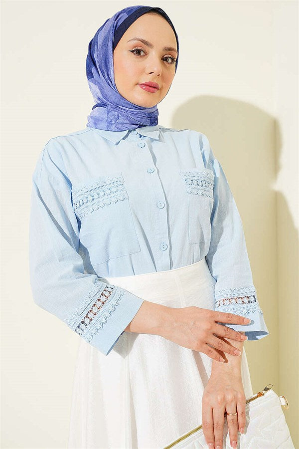 Blue Short Shirt with Lace Trim on Cuffs and Pockets