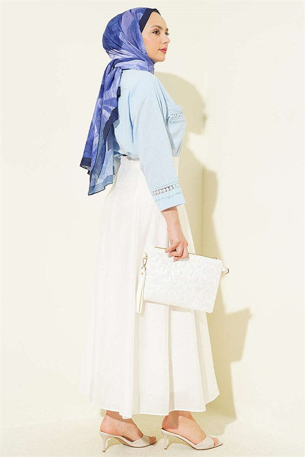 Blue Short Shirt with Lace Trim on Cuffs and Pockets