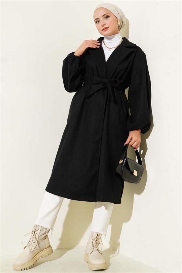 Black Cashmere Coat with Elastic Wrists
