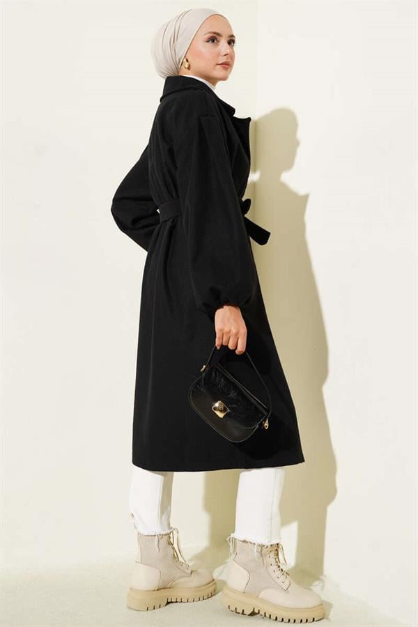 Black Cashmere Coat with Elastic Wrists
