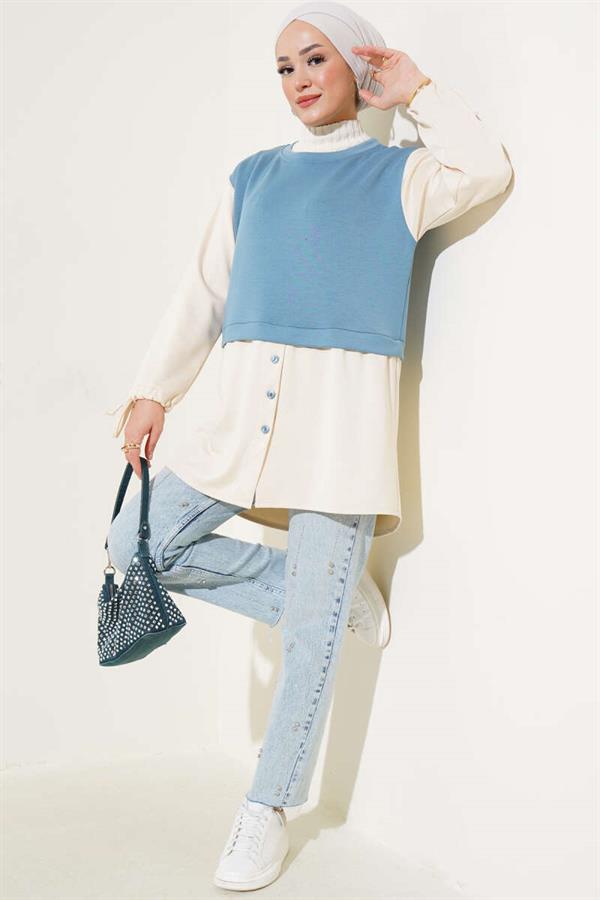 Tunic with Tunneled Ankles and Garnish Petrol
