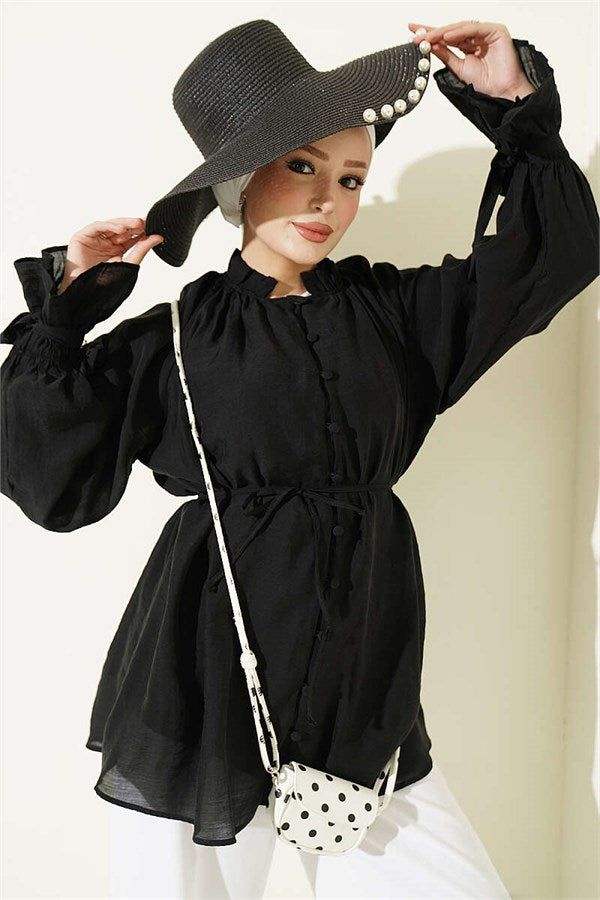 Button-down Lace-up Shirt, Black