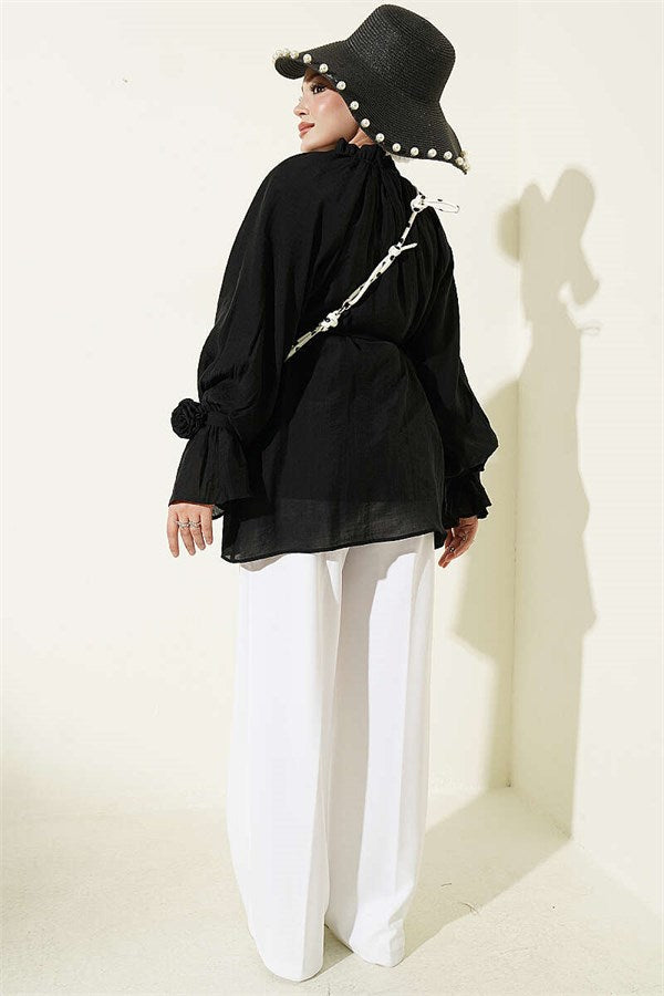 Button-down Lace-up Shirt, Black