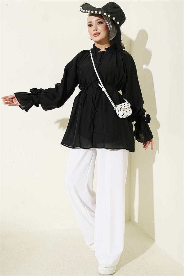 Button-down Lace-up Shirt, Black
