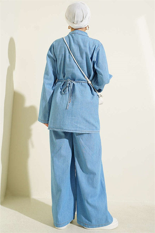 One-Piece Set with Button and Drawstring Closure, Light Denim
