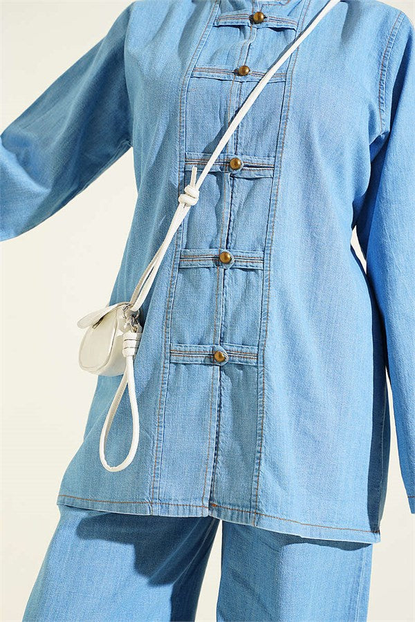 One-Piece Set with Button and Drawstring Closure, Light Denim