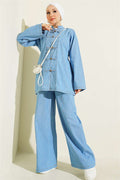 One-Piece Set with Button and Drawstring Closure, Light Denim