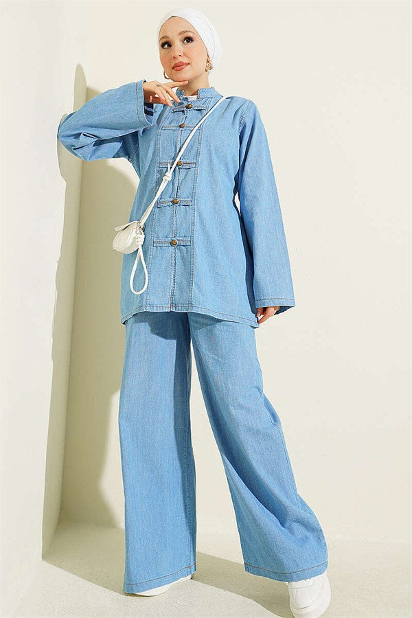 One-Piece Set with Button and Drawstring Closure, Light Denim