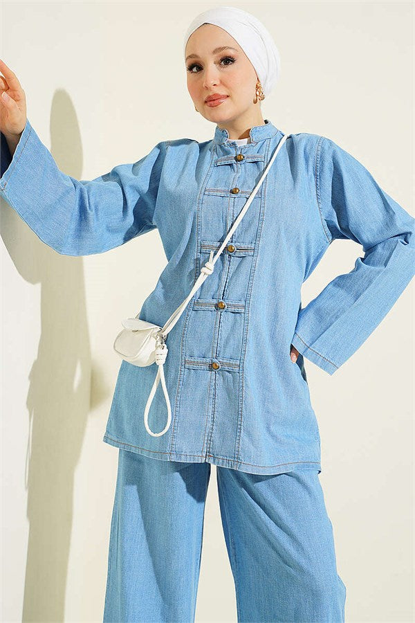 One-Piece Set with Button and Drawstring Closure, Light Denim