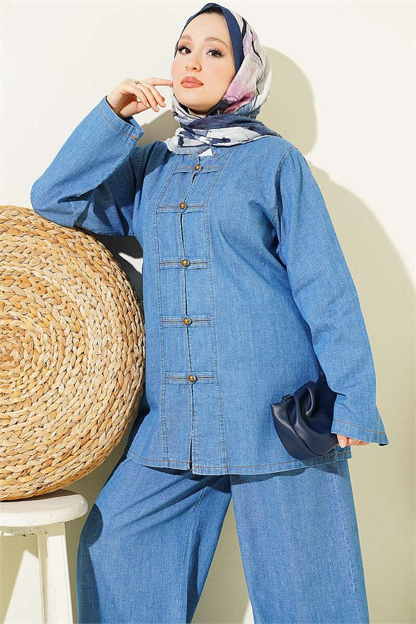 One-Piece Denim Set with Button and Drawstring Closure