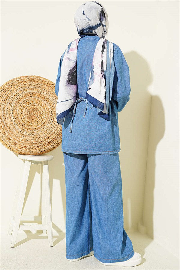 One-Piece Denim Set with Button and Drawstring Closure