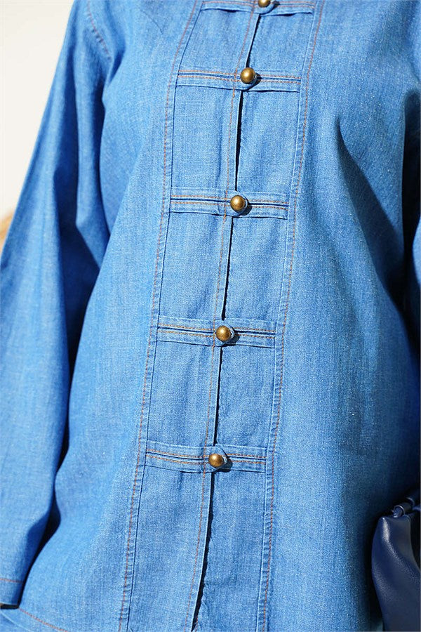 One-Piece Denim Set with Button and Drawstring Closure