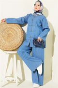 One-Piece Denim Set with Button and Drawstring Closure
