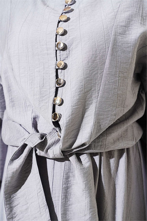 Two-Piece Set with Button-Down Front Tie Skirt, Grey