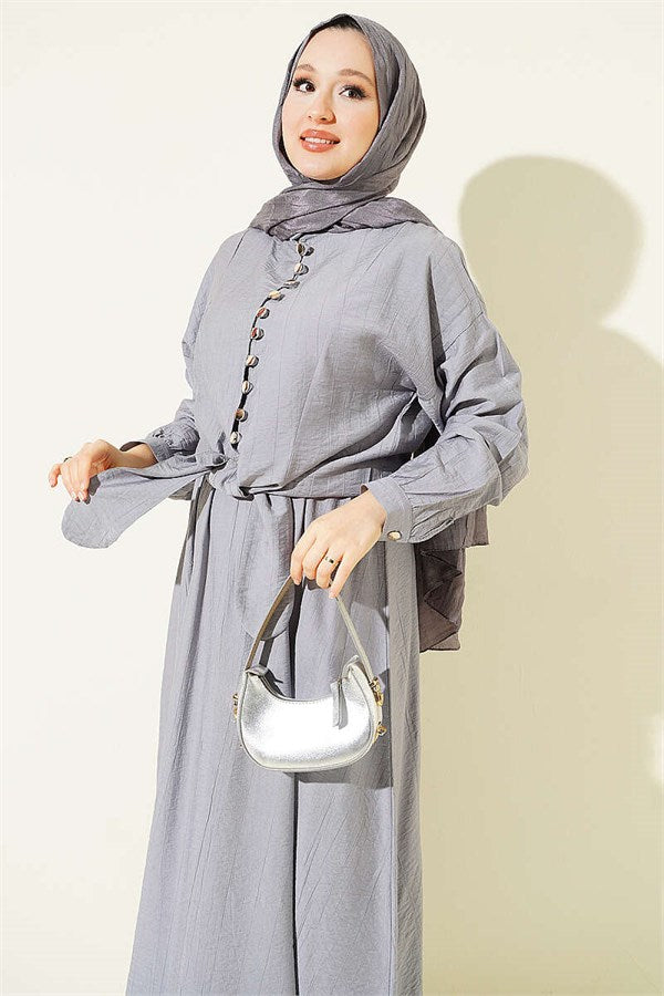 Two-Piece Set with Button-Down Front Tie Skirt, Grey