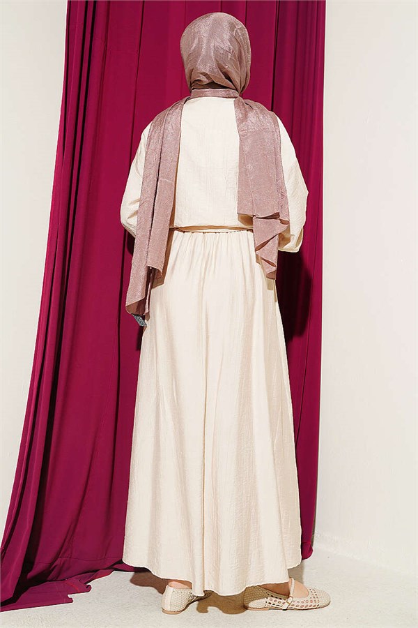 Button-Down Front-Tie Skirt Two-Piece Set, Beige