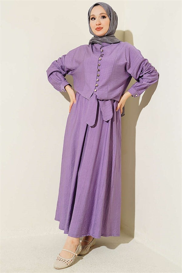 Two-Piece Set with Buttoned Front Tie Skirt in Lilac