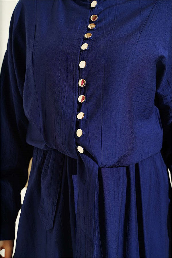 Button-down, front-tie skirt two-piece set in navy blue.