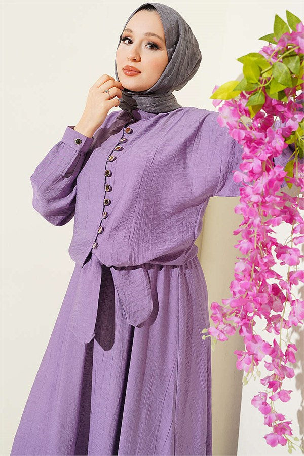 Two-Piece Set with Buttoned Front Tie Skirt in Lilac