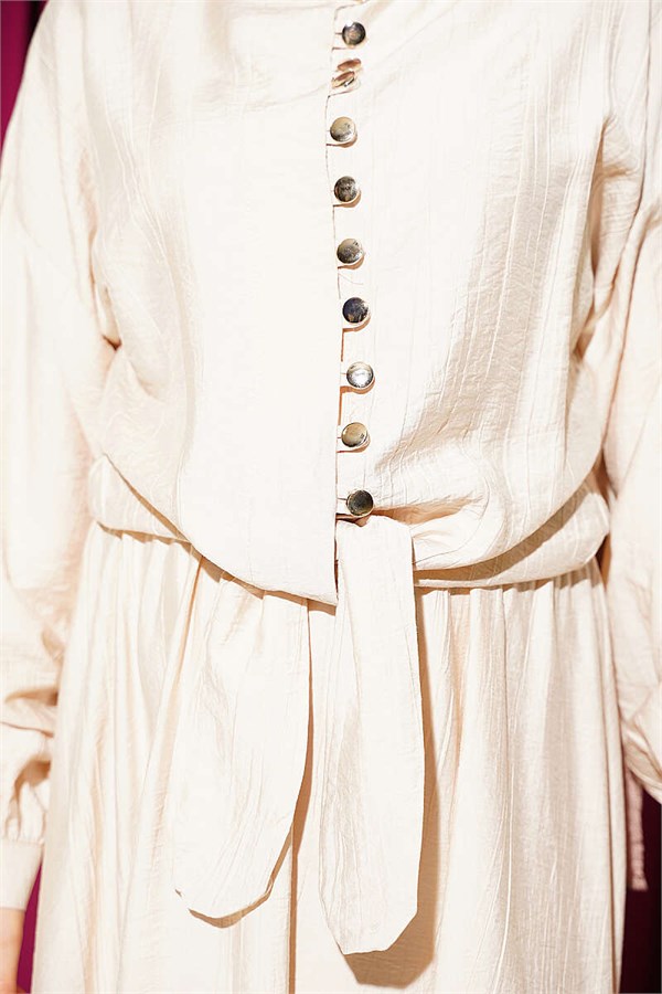 Button-Down Front-Tie Skirt Two-Piece Set, Beige