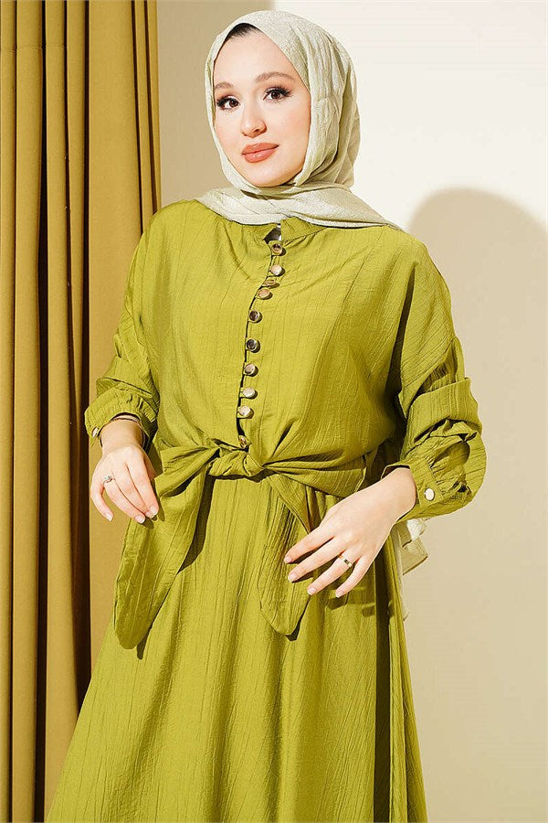 Button-Down, Front-Tie Skirt Two-Piece Set in Olive Green