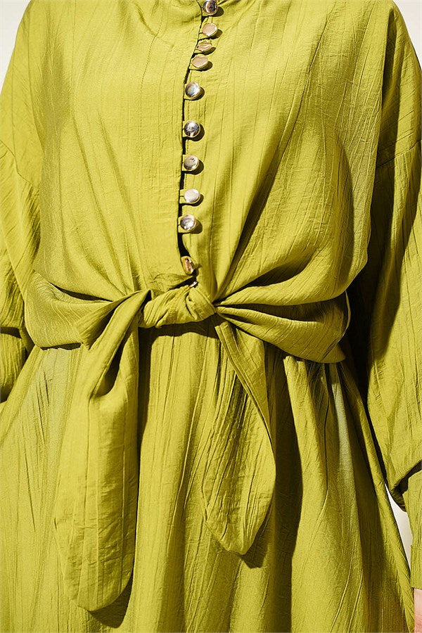 Button-Down, Front-Tie Skirt Two-Piece Set in Olive Green