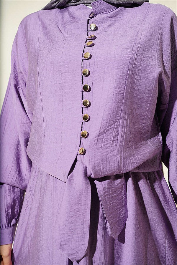 Two-Piece Set with Buttoned Front Tie Skirt in Lilac