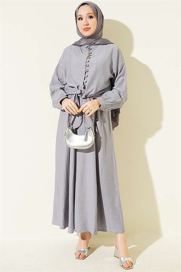 Two-Piece Set with Button-Down Front Tie Skirt, Grey