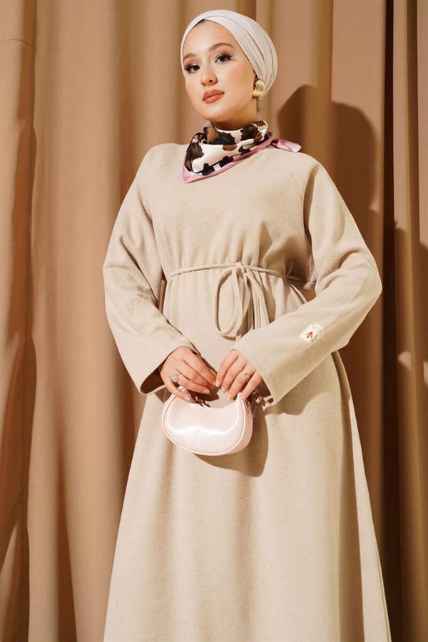 Crew Neck Embroidered Rope Belted Dress Beige