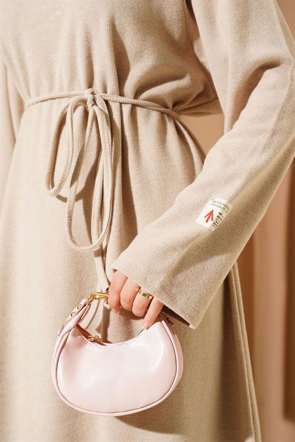 Crew Neck Embroidered Rope Belted Dress Beige