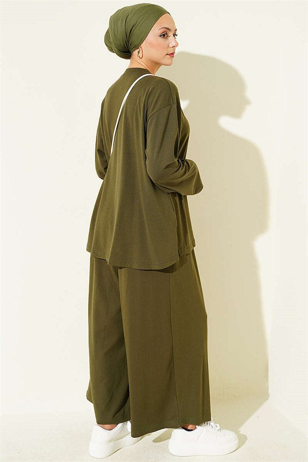 Crew Neck Basic 2 Piece Set, Khaki