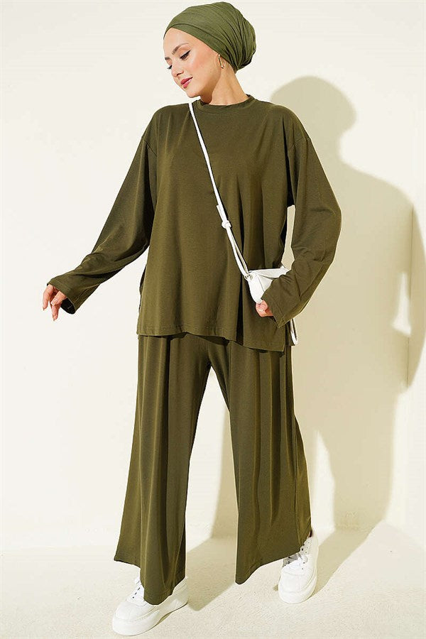 Crew Neck Basic 2 Piece Set, Khaki