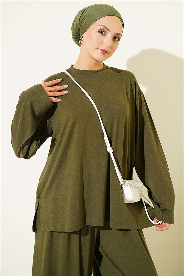 Crew Neck Basic 2 Piece Set, Khaki
