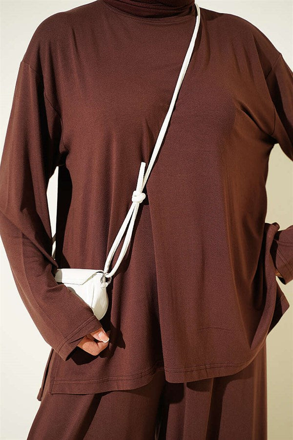 Crew Neck Basic 2 Piece Set in Coffee
