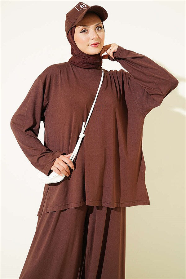 Crew Neck Basic 2 Piece Set in Coffee