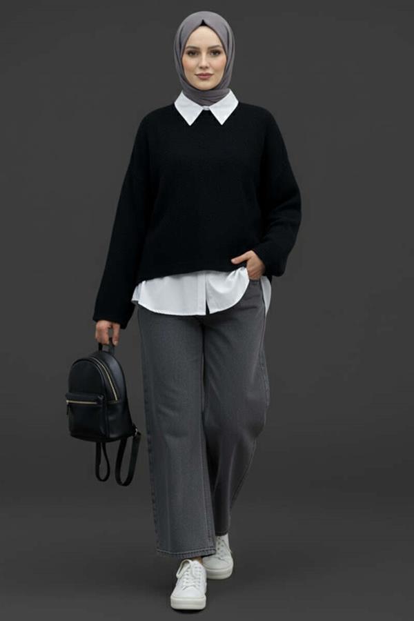Crew Neck Basic Bearded Sweater Black