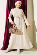 Crew Neck Dress with Waist Tunnel Detail, Beige