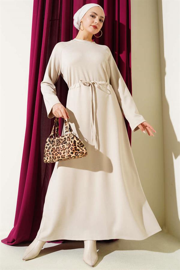 Crew Neck Dress with Waist Tunnel Detail, Beige