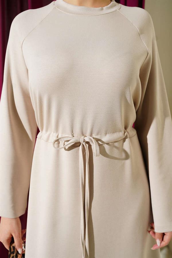 Crew Neck Dress with Waist Tunnel Detail, Beige
