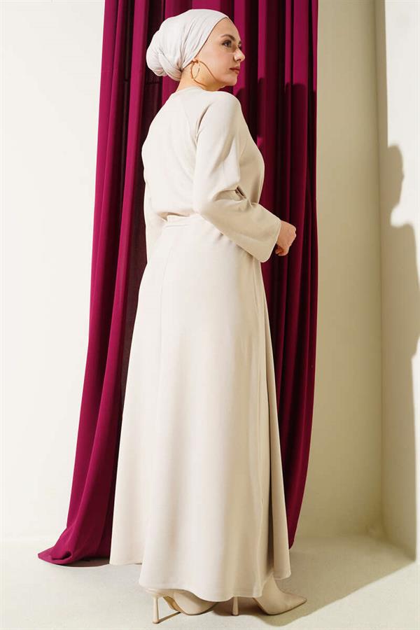 Crew Neck Dress with Waist Tunnel Detail, Beige