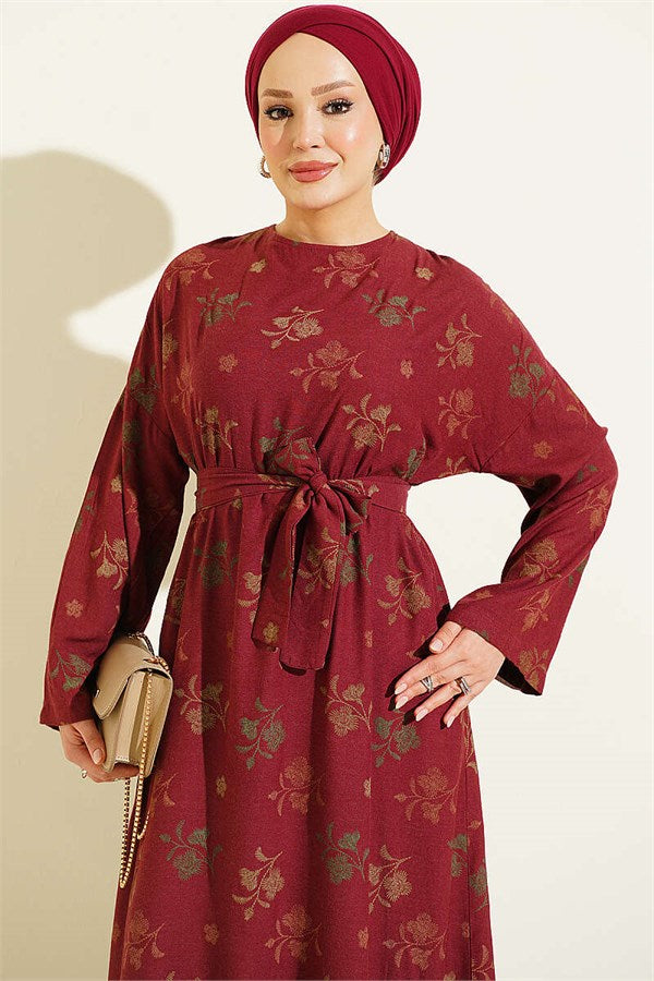 Crew Neck Dress with Floral Embroidery, Burgundy