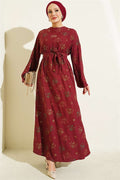 Crew Neck Dress with Floral Embroidery, Burgundy
