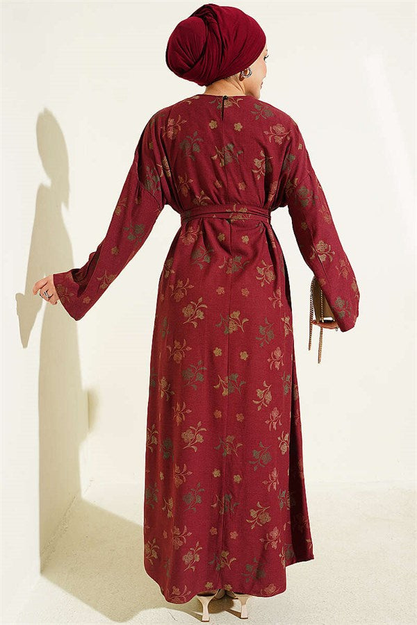 Crew Neck Dress with Floral Embroidery, Burgundy