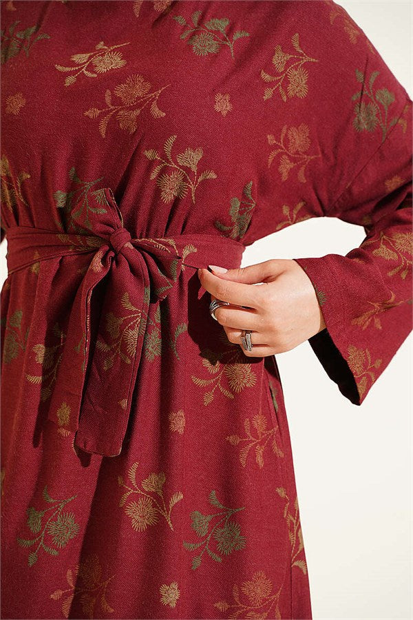 Crew Neck Dress with Floral Embroidery, Burgundy